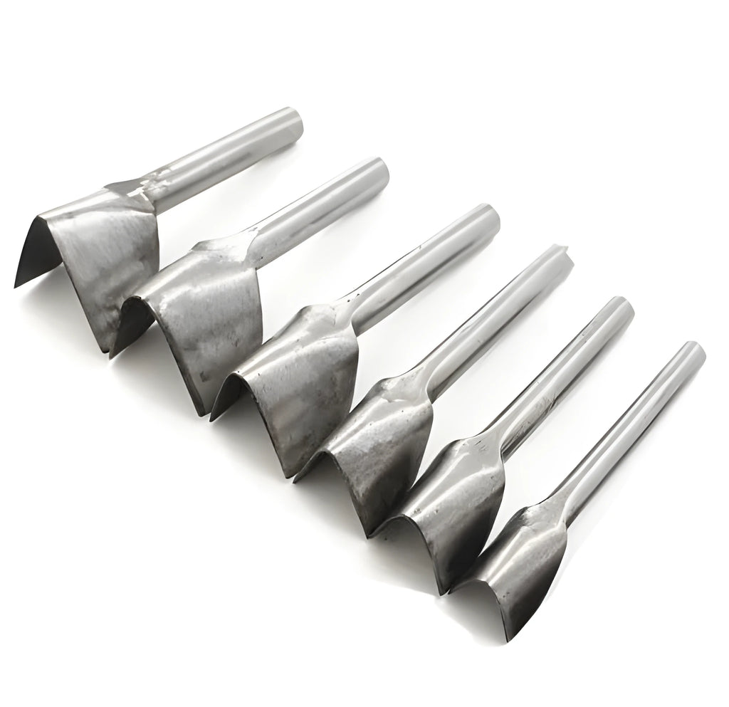 Six steel leather craft punch tools in half-round and V shapes, sizes 15mm to 40mm diameter