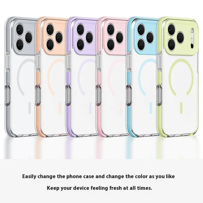 Three-in-one drop-resistant transparent protective case for iPhone with magnetic suction, in candy green colour, showing TPU bumper and PC back