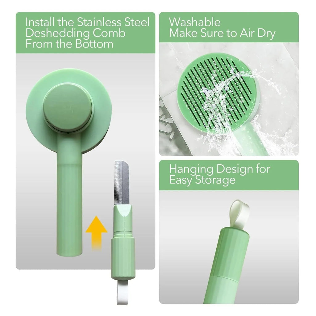 Green and yellow 2-in-1 pet grooming brush with stainless steel teeth and hanging loop.