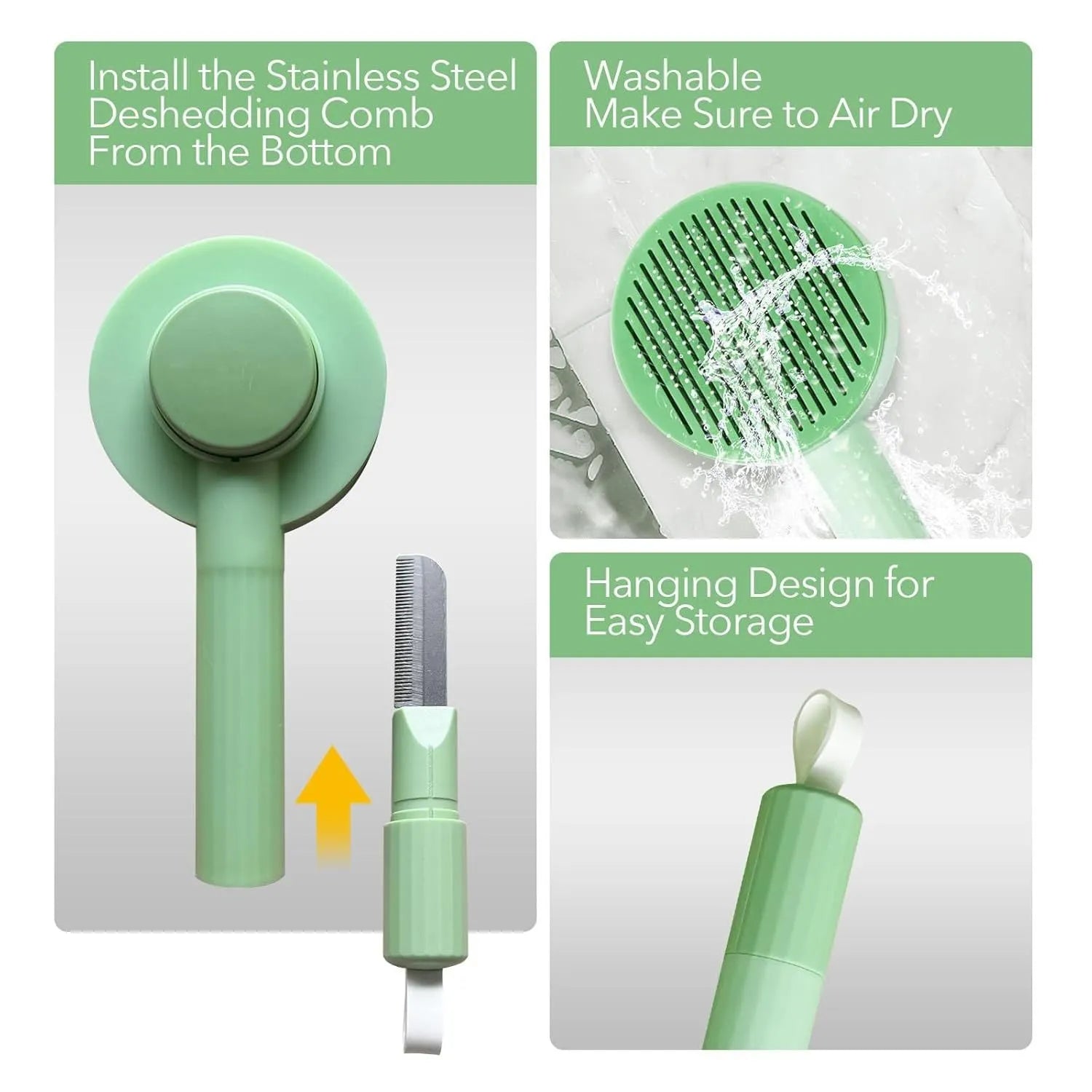 Green and yellow 2-in-1 pet grooming brush with stainless steel teeth and hanging loop.