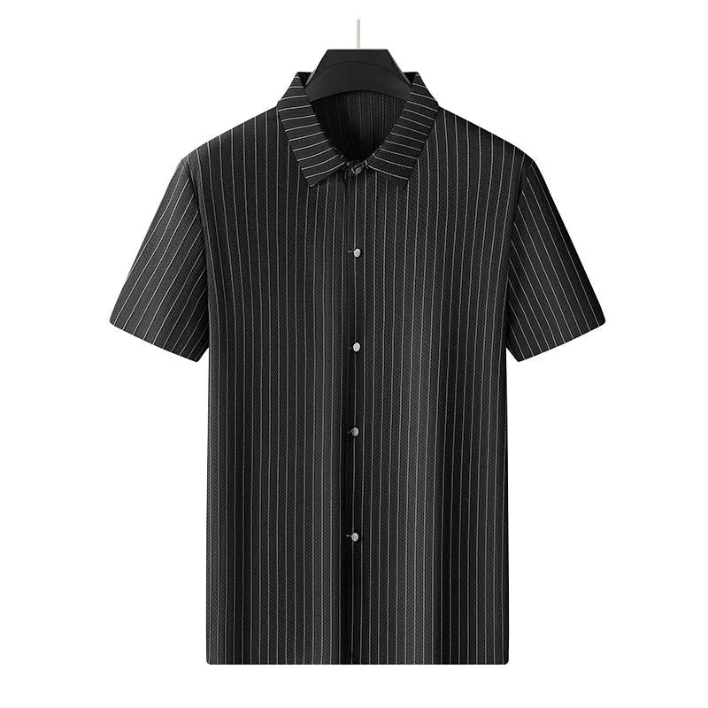 Men's black plus-size striped casual shirt with square collar in loose cardigan fit