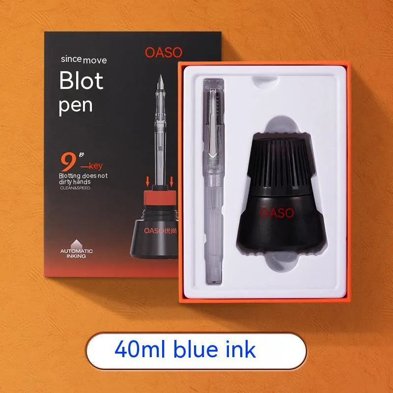 Automatic suction ink pen set with 40ml bottle, choice of 0.38mm or 0.5mm tips, and carry bag.