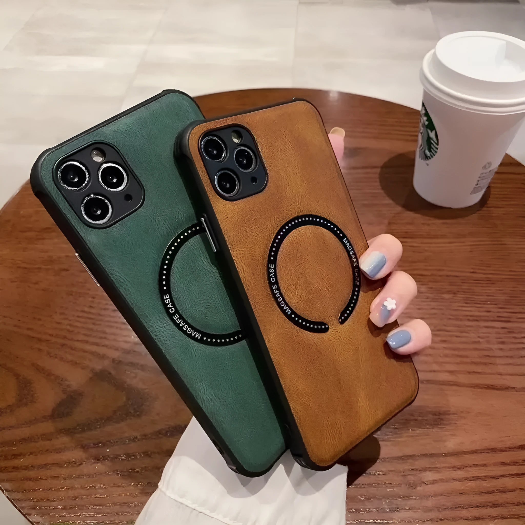 Business magnetic charging iPhone case in black imitation leather showing magnetic charging compatibility