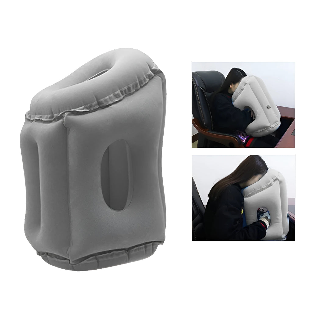 Grey inflatable travel pillow with flocking surface, M size 26cm x 31cm x 51cm, shown inflated with storage bag