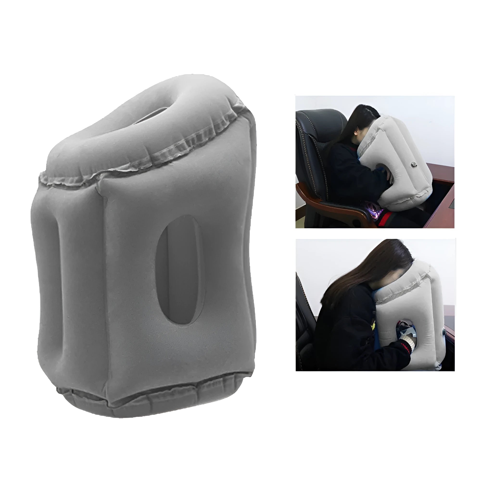 Grey inflatable travel pillow with flocking surface, M size 26cm x 31cm x 51cm, shown inflated with storage bag