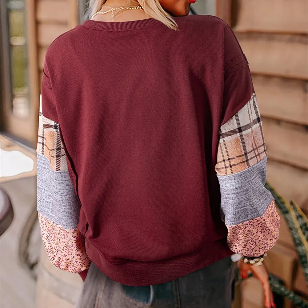 Women's plaid long-sleeved top in loose Japanese-Korean style with spliced patterns
