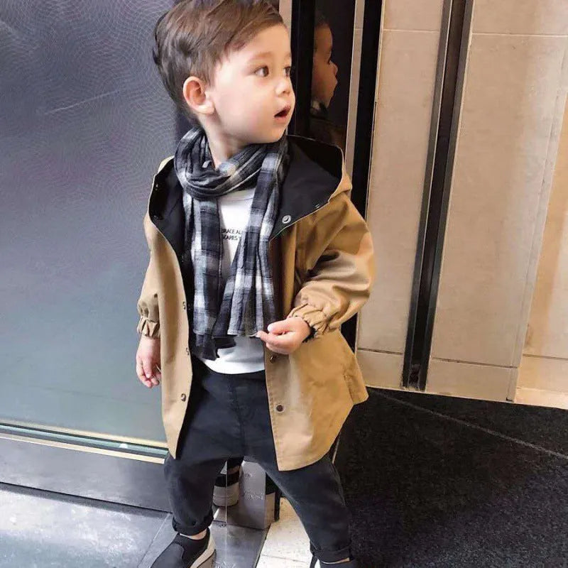 Boys cotton blend reversible spring coat with hood, stand collar, and long sleeves in Photo Color