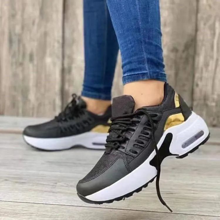Breathable mesh lace up sneakers for women with low wedge heel, round toe, available in multiple colours