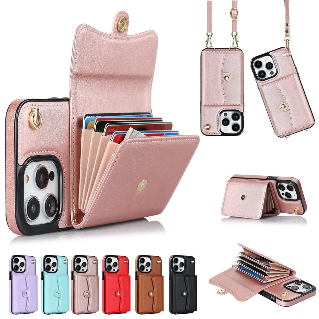 Handmade lambskin crossbody card holder phone case with bracket and lanyard for Apple iPhone, black colour