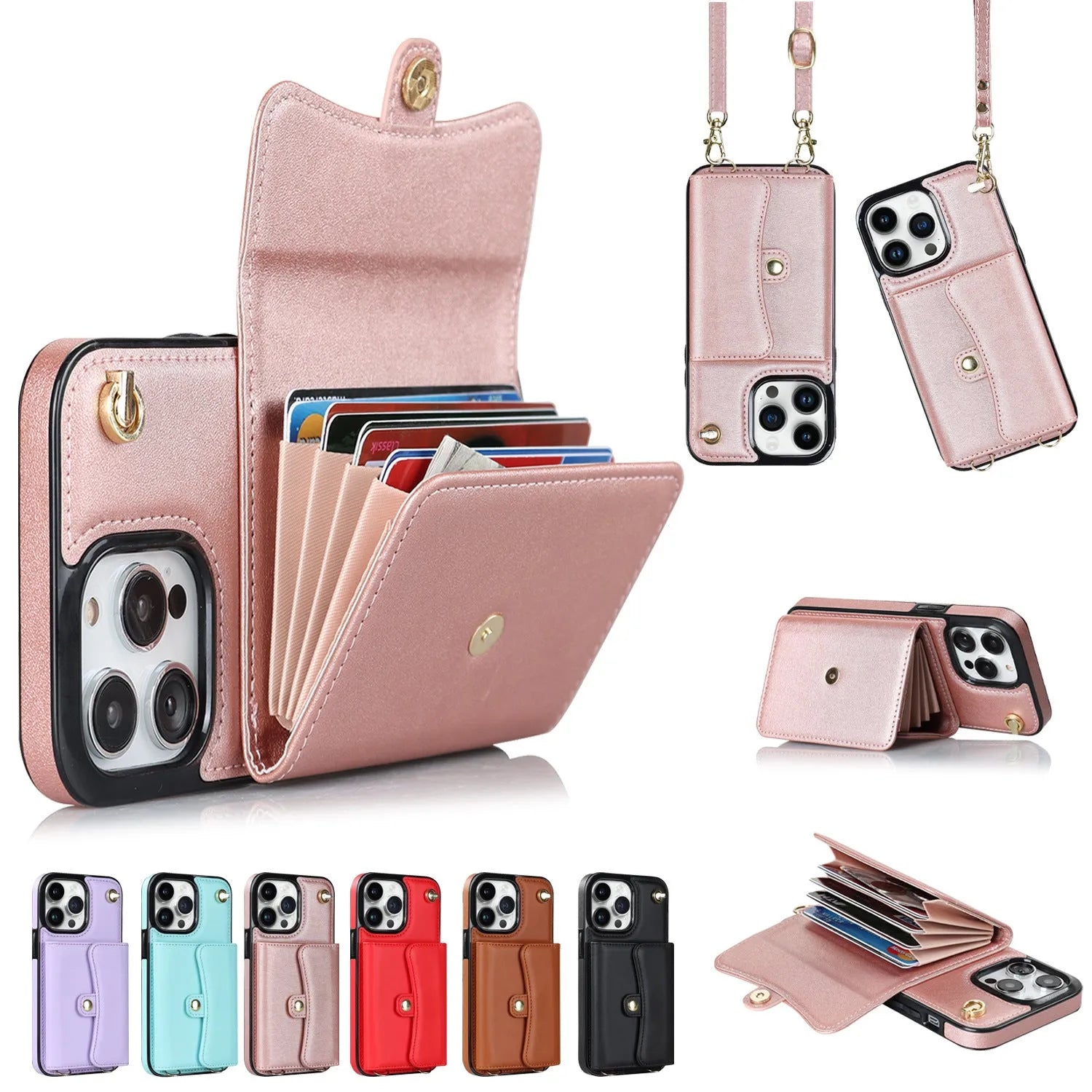 Handmade lambskin crossbody card holder phone case with bracket and lanyard for Apple iPhone, black colour