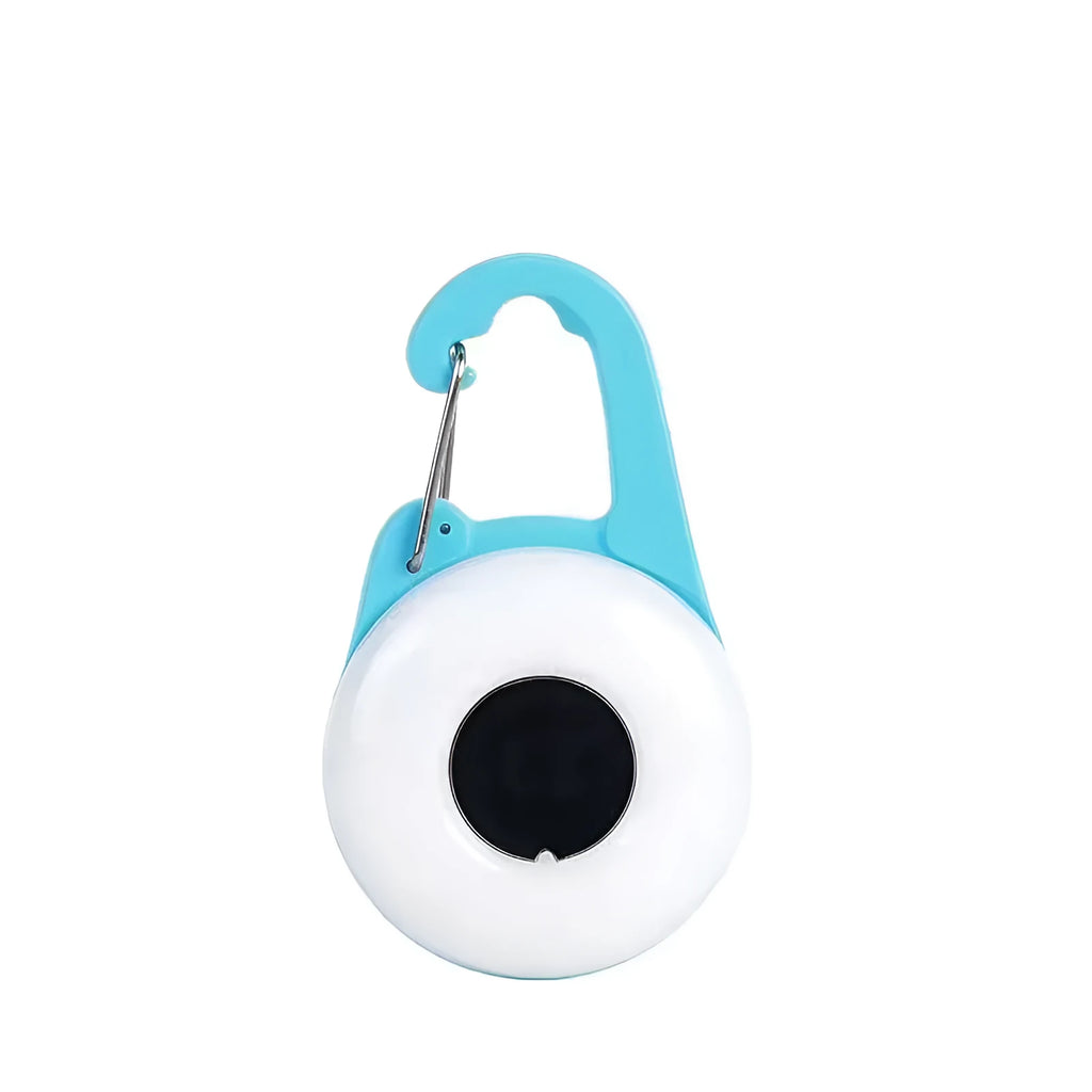 Blue rechargeable LED dog collar light with silicone strap shown on a black dog collar.