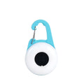 Blue rechargeable LED dog collar light with silicone strap shown on a black dog collar.