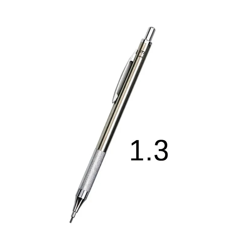 Metal automatic mechanical pencil showing multi-size lead compatibility for 0.5mm, 0.7mm, 0.9mm, 1.3mm and 2.0mm diameters