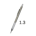 Metal automatic mechanical pencil showing multi-size lead compatibility for 0.5mm, 0.7mm, 0.9mm, 1.3mm and 2.0mm diameters