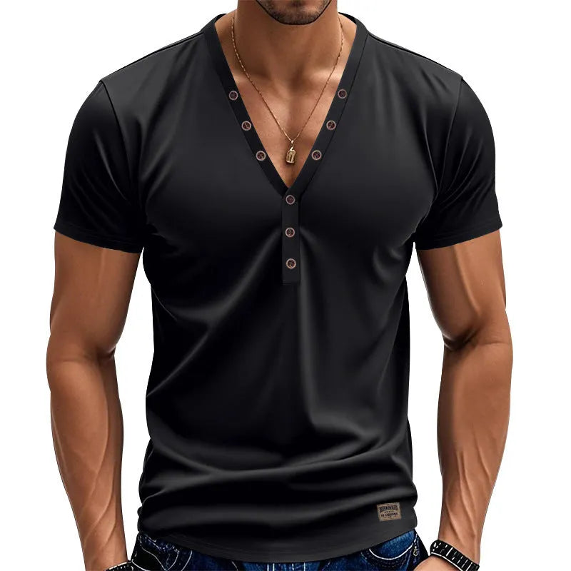 Men's loose thin V-neck pullover top with button design in chemical fibre blend fabric, shown in light blue colour