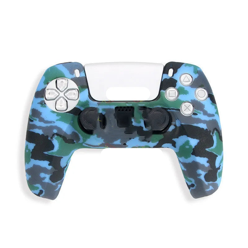 Camouflage silicone case fitted on a PS5 controller handle showing textured surface and snug fit