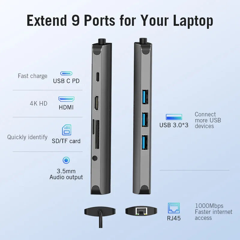 Deep grey USB-C to HDMI hub with USB 3.0 ports, Ethernet, card readers and PD charging