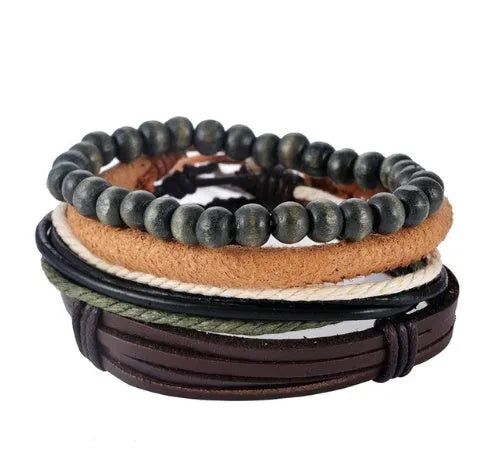 Handmade adjustable leather bracelet with wooden beads and multi-layer wrap design