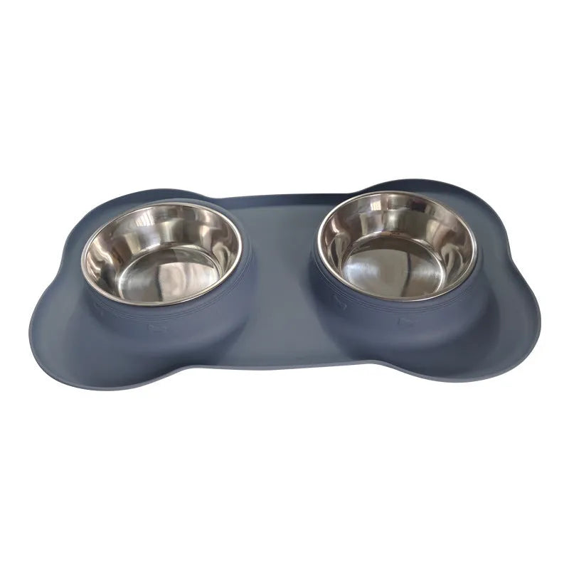 Large silicone double dog bowl with stainless steel inserts in raised feeding design