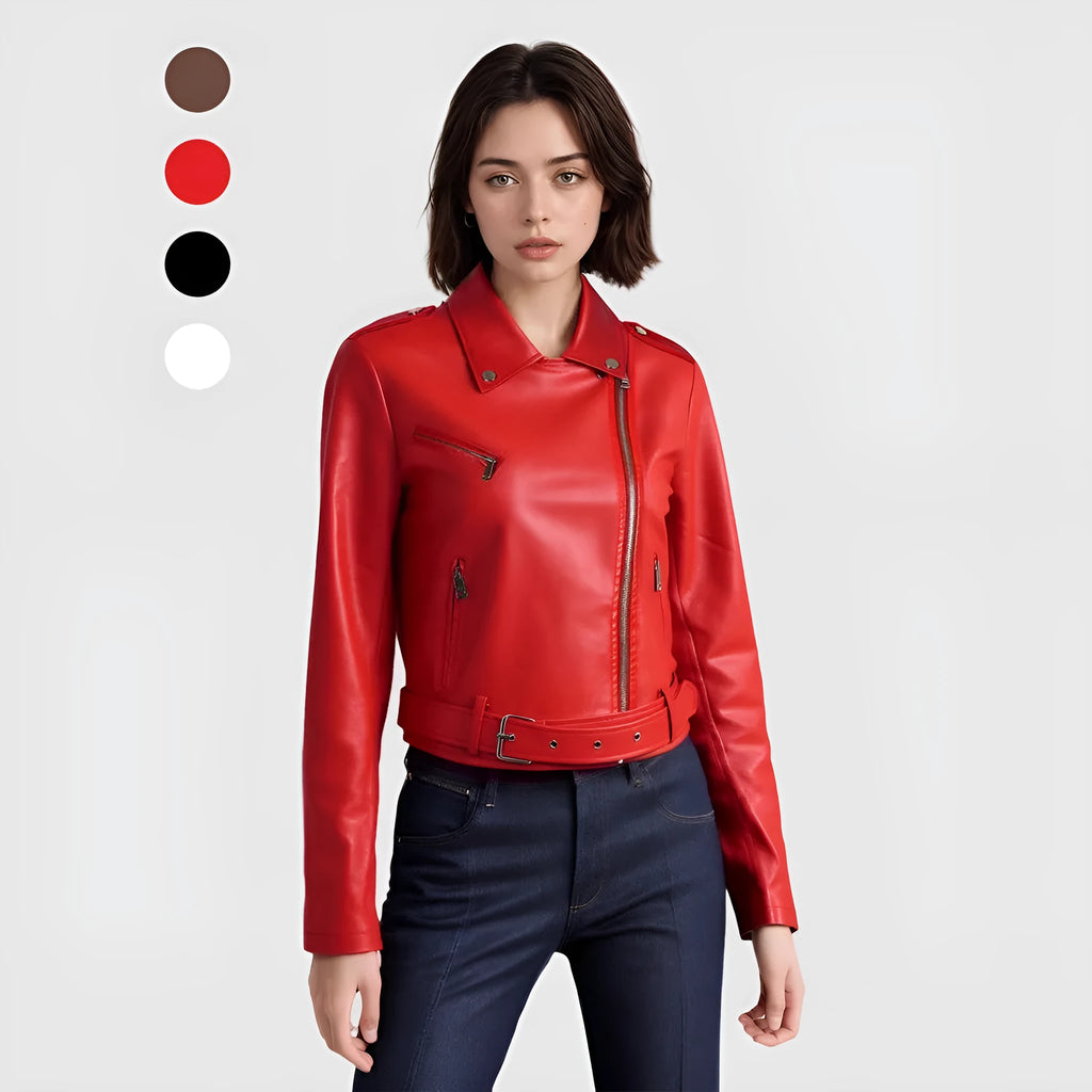 Women's black PU leather motorbike jacket with lapel collar and detachable short belt.