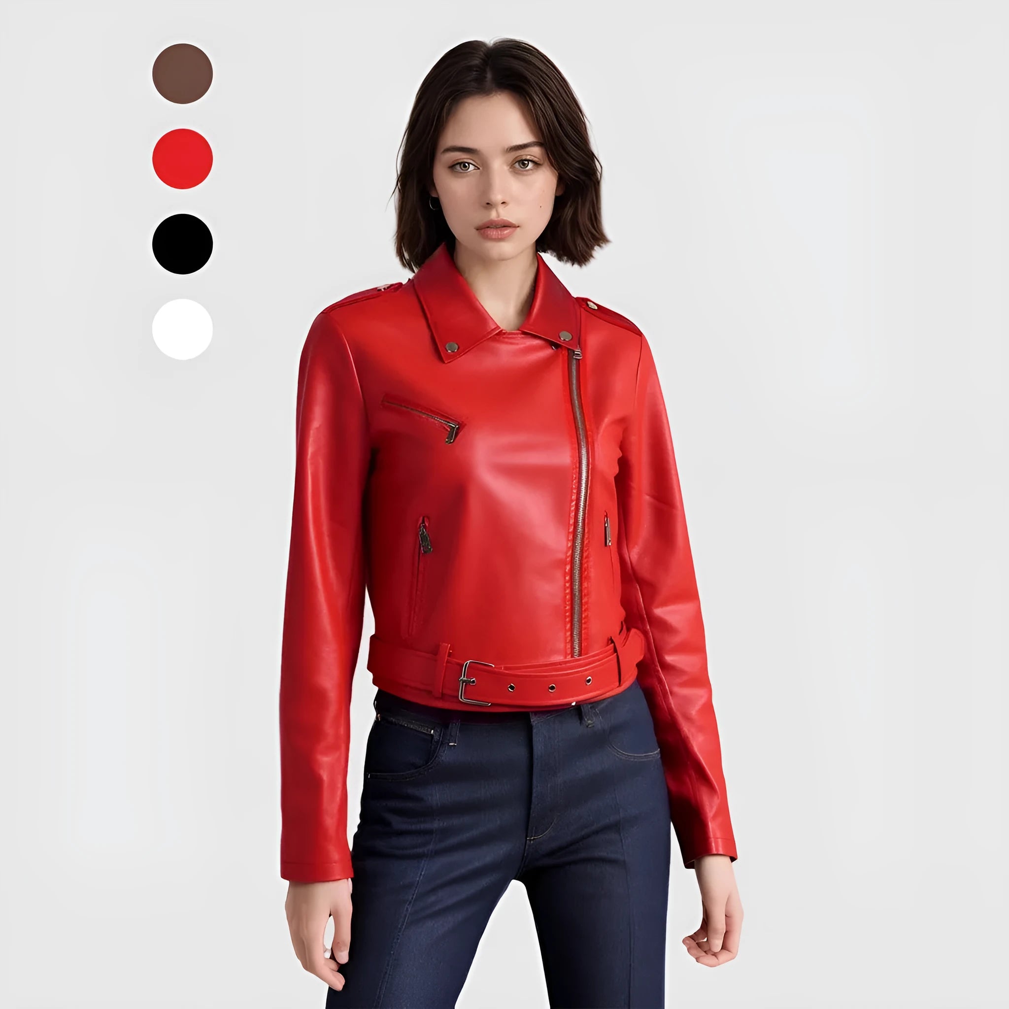 Women's black PU leather motorbike jacket with lapel collar and detachable short belt.