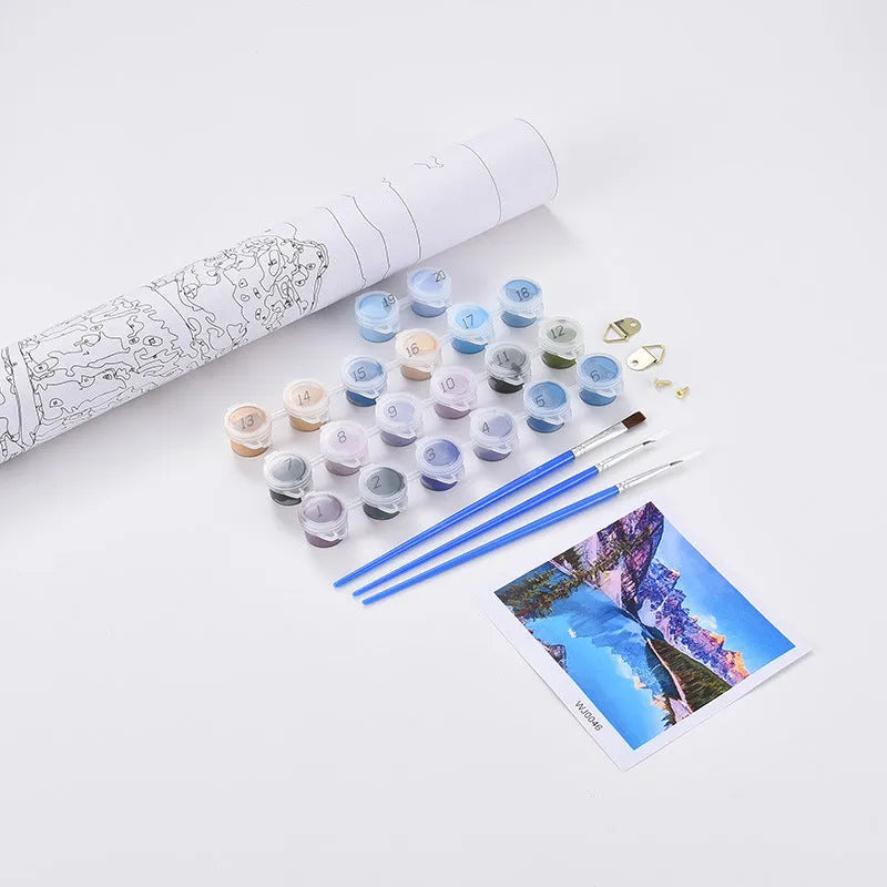 DIY digital oil painting kit showing sea view villa pattern on 40x50cm frameless canvas with acrylic paints and brushes