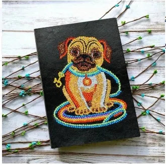 Black A5 diamond painting notebook showing dimensions and 50 blank pages for custom craft projects