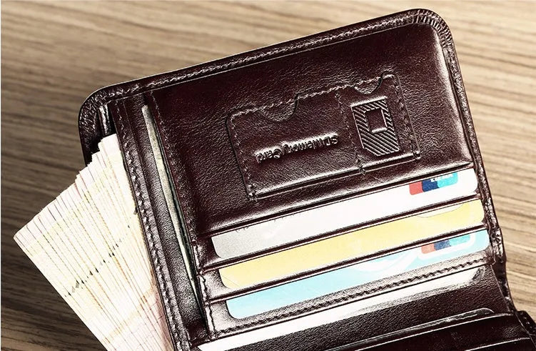 Men's leather wallet showing multiple internal compartments for cards, cash, coins and photos