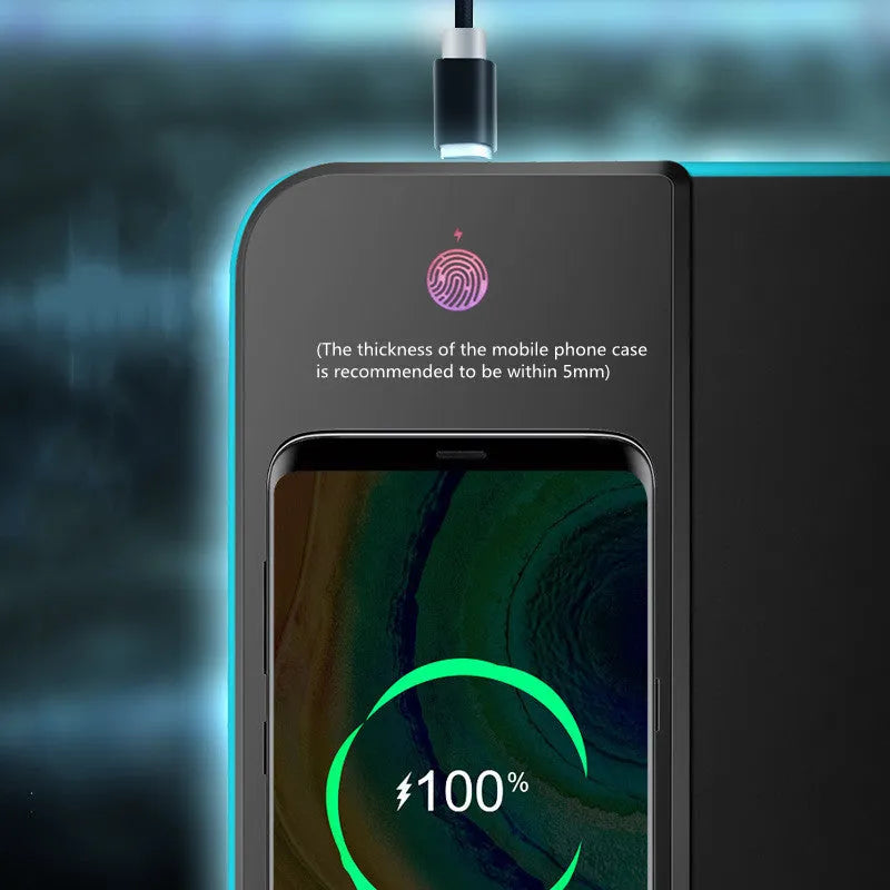 Wireless charging RGB luminous mouse pad 300x800x4mm with rubber base and cloth surface