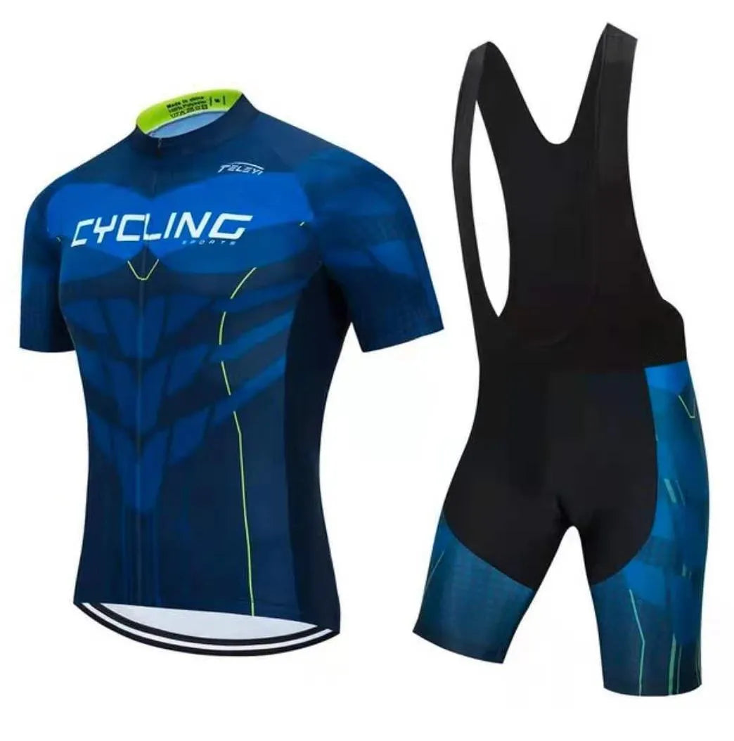 Cycling jersey set showing short sleeve moisture absorbing top and matching pants for summer biking.