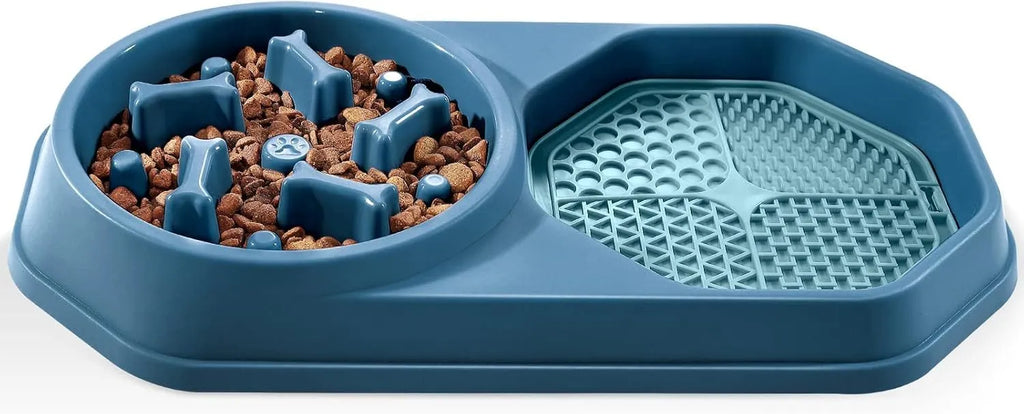 Blue interactive slow feeder dog bowl with puzzle partitions for dry and wet food on a non-slip base.