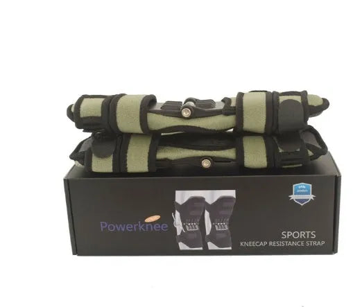 Black spring knee brace with adjustable straps on a grey background
