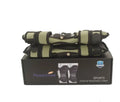 Black spring knee brace with adjustable straps on a grey background