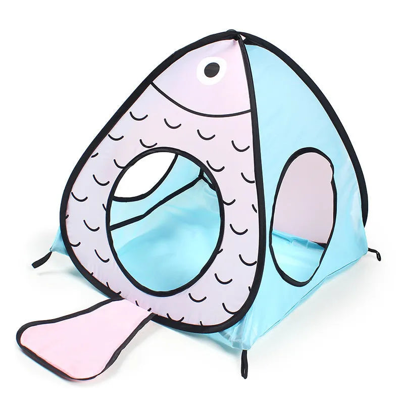 Foldable three-piece cat tent and tunnel set in a cat and fish design, made from white PP plastic.