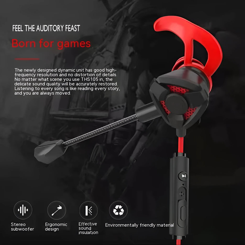 Black and red in-ear gaming earphone with microphone and 3.5mm wired plug