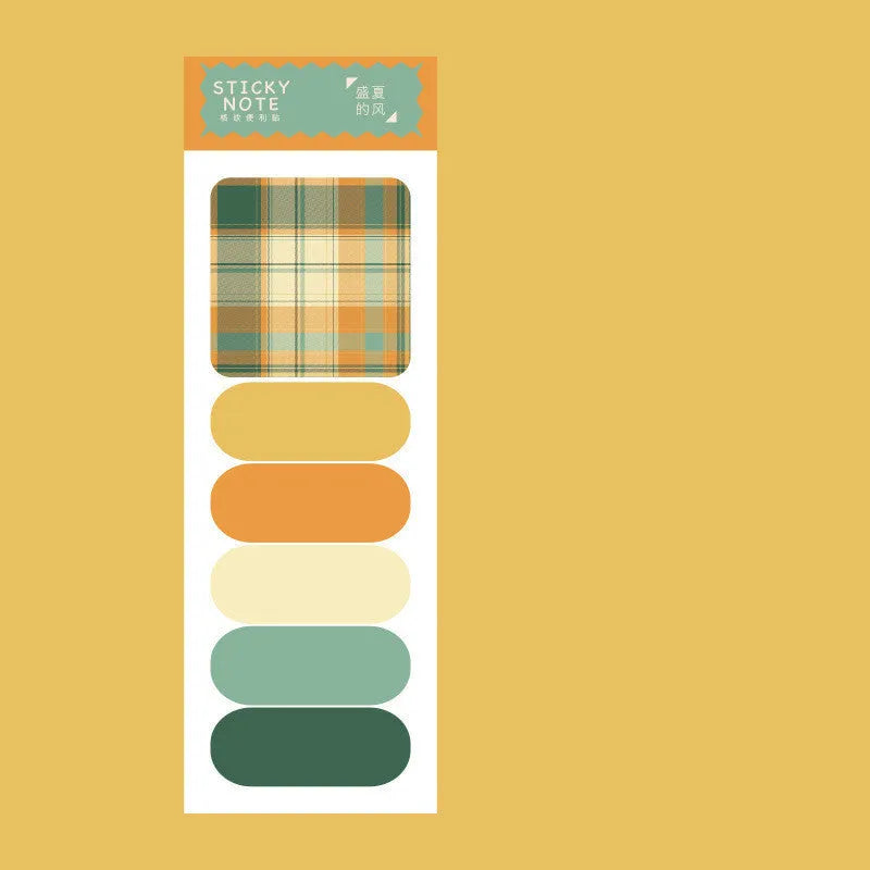 Colourful memo pad sticky notes set showing six plaid designs with 67mm x 200mm sizing