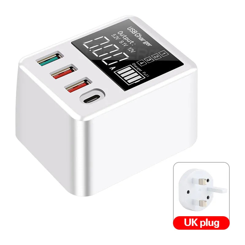 White 4-port USB travel wall charger with LED display, showing UK plug