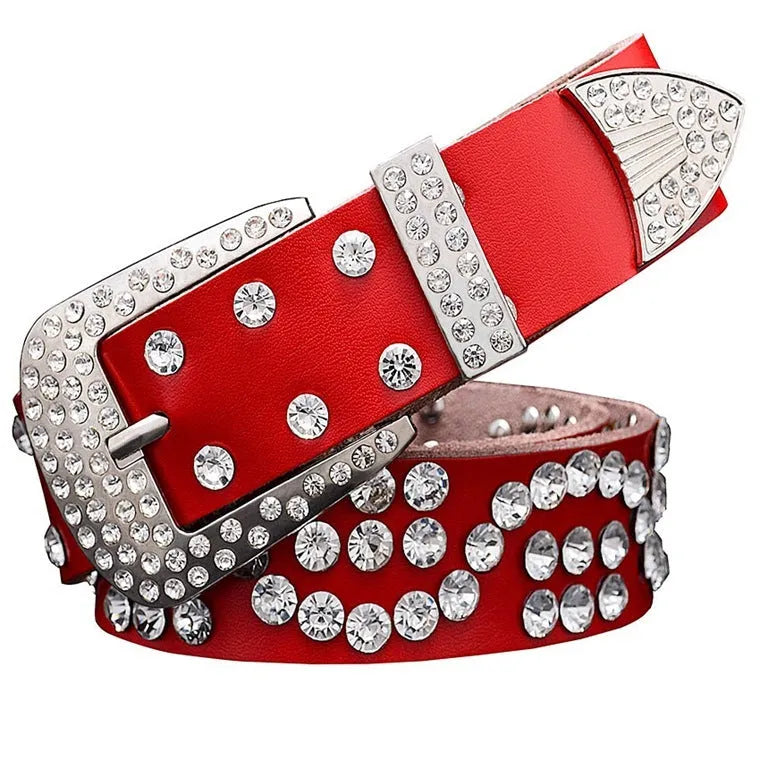 Leather ladies belt with diamond-studded cowhide pin buckle, alloy D-shape buckle, rhinestone mosaic, two-layer cowhide
