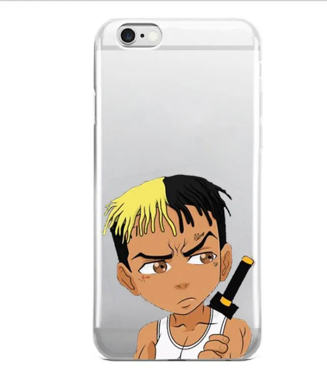 Transparent matte iPhone case with printed XXxtentacion design, shown fitted on a smartphone.