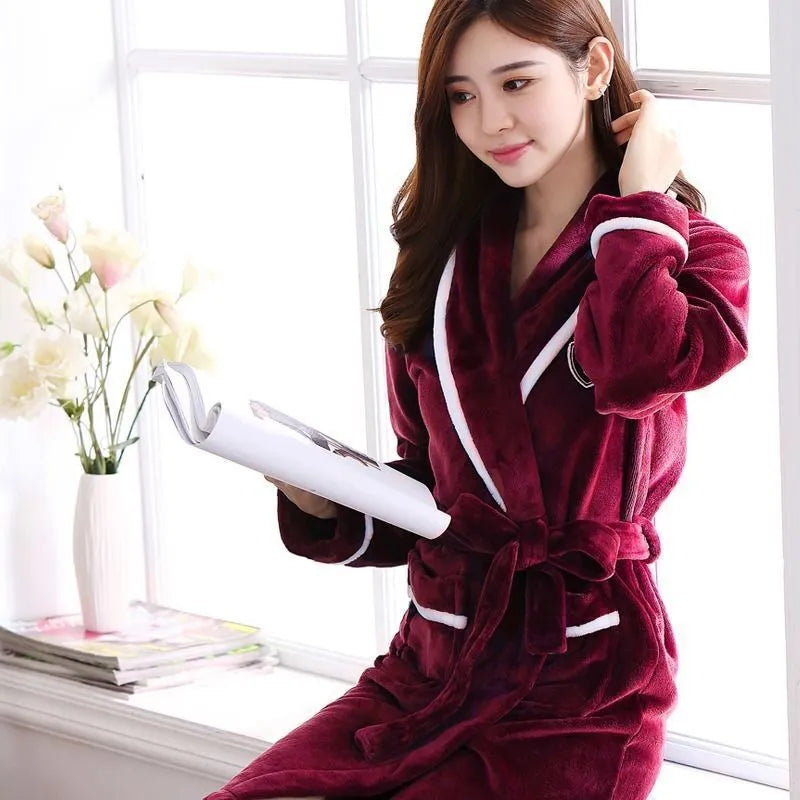 Flannel thickened long section bathrobe for men and women, wine red and white stripes, on a hanger