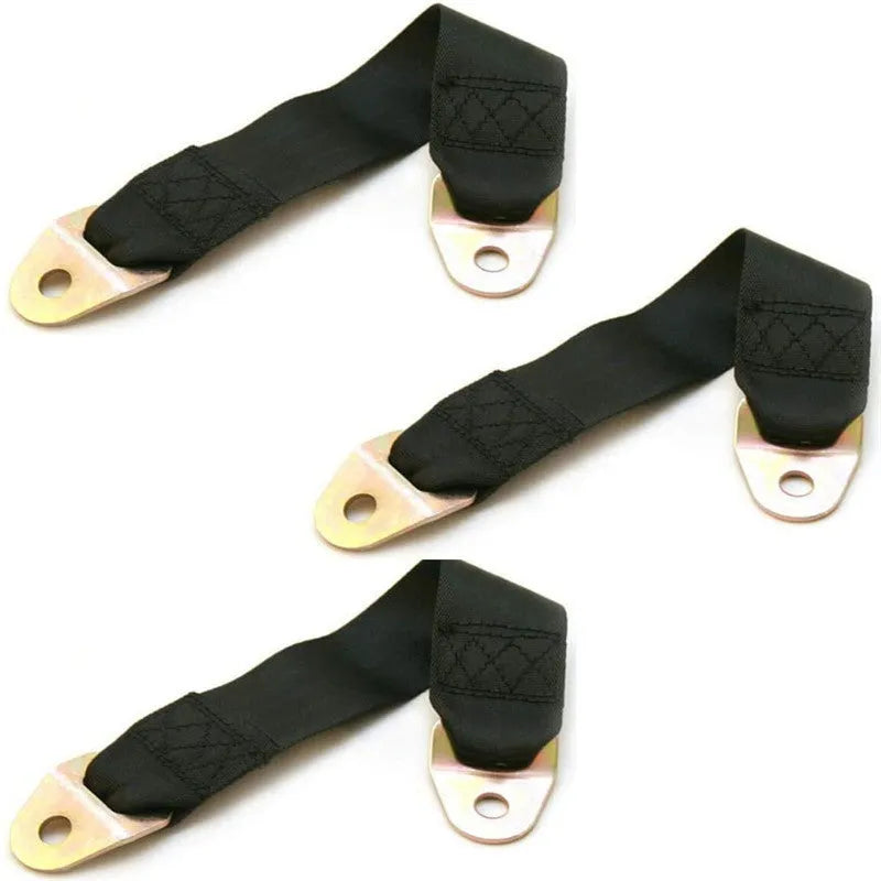 Black polyester door latch and stop fixing belt with screws and nuts on a white background.