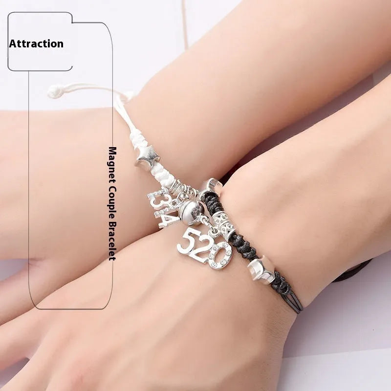 Magnetic couple suction bracelets pair with alloy electroplated finish showing various symbolic designs