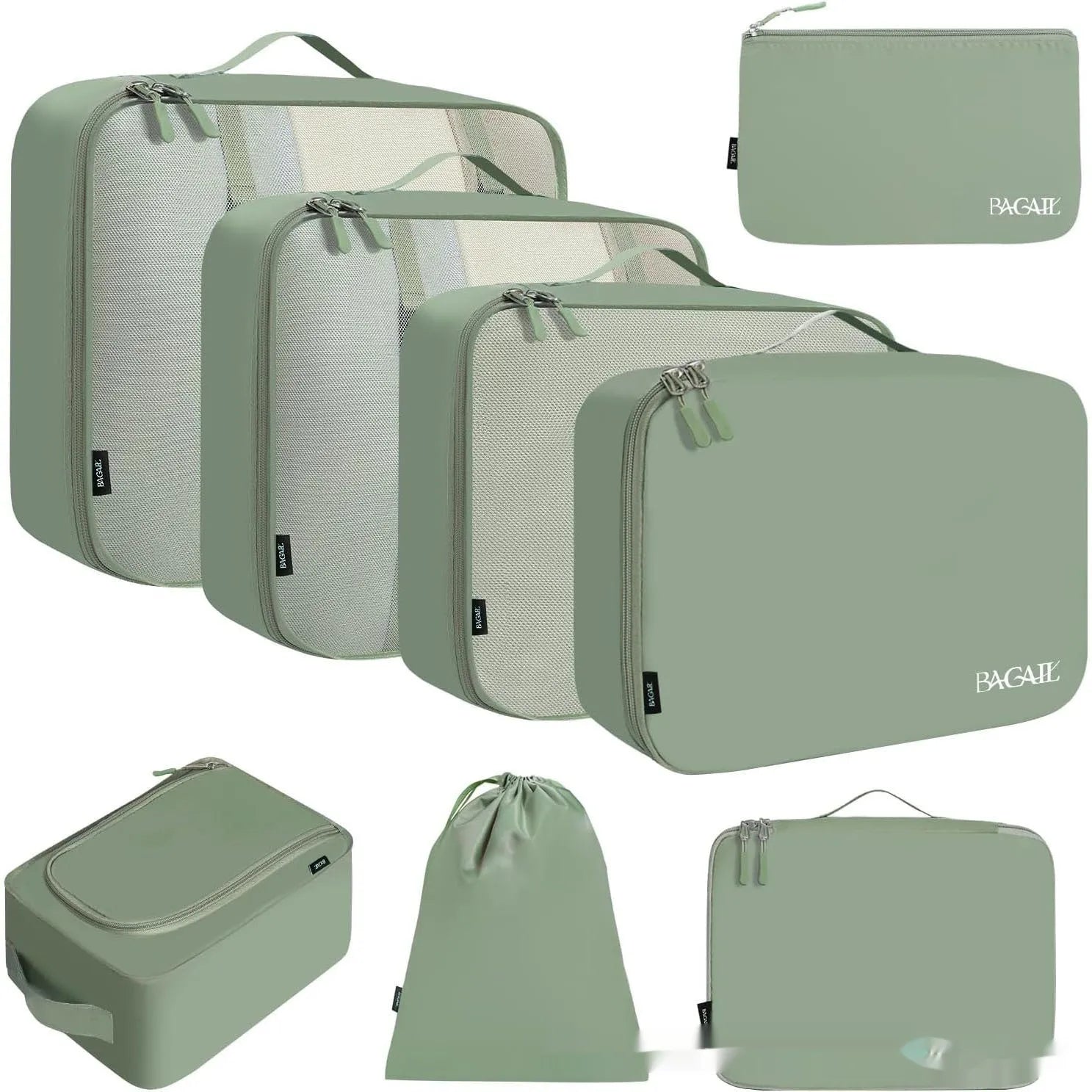 Set of eight cubic-shaped travel packing bags in assorted colours including beige, black, pink, and leopard print patterns.