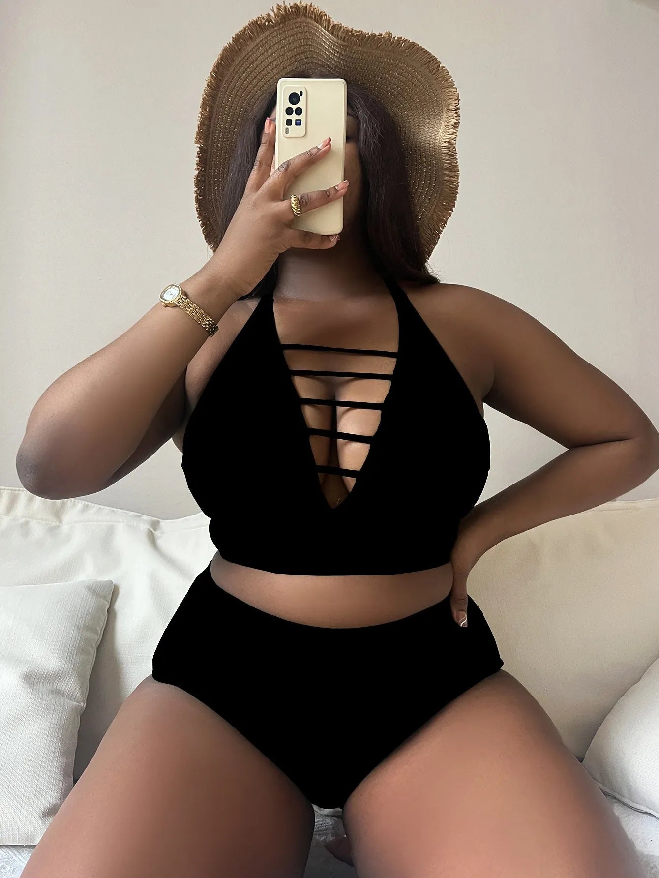 Plus size black halter bikini with adjustable straps and high waist briefs