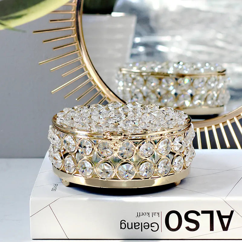 French gold metal jewellery storage box with transparent crystal glass lid and European decorative styling