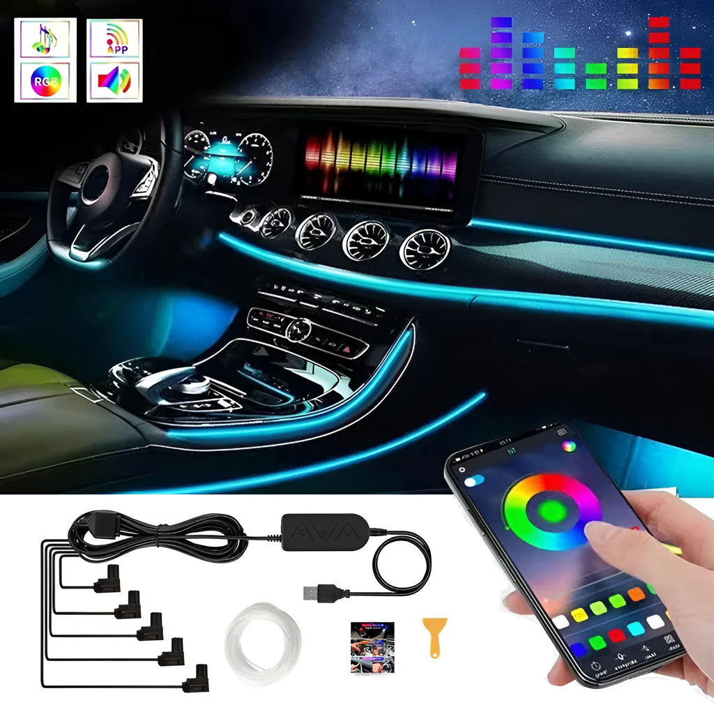 Car USB atmosphere light with RGB colours, ABS housing, fibre cable for centre console and instrument panel modification