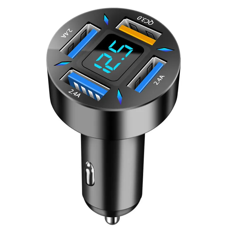 Four-port USB car charger with LED digital display showing compact black design