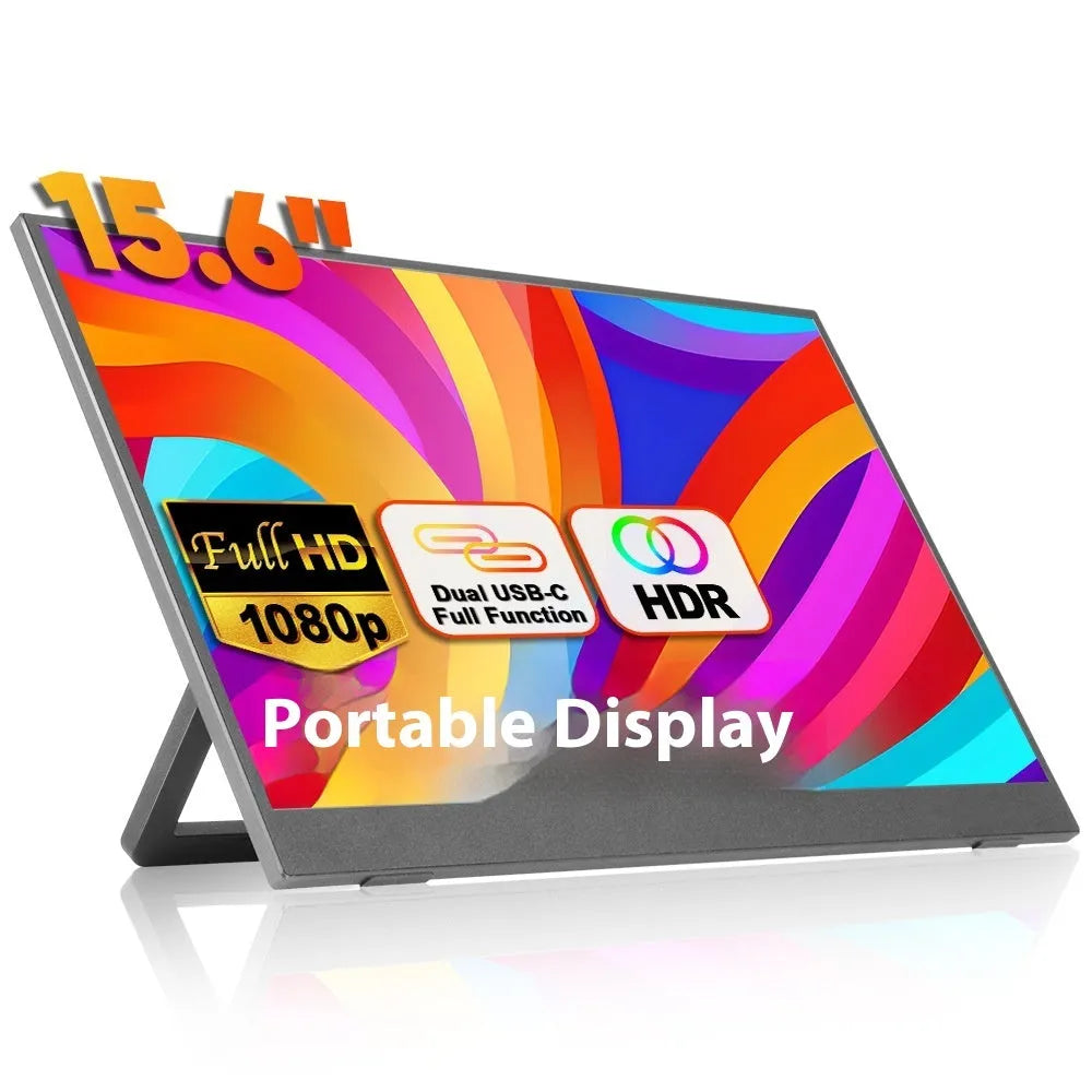 Black 15.6-inch portable computer monitor with integrated adjustable stand on a desk