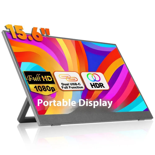 Black 15.6-inch portable computer monitor with integrated adjustable stand on a desk