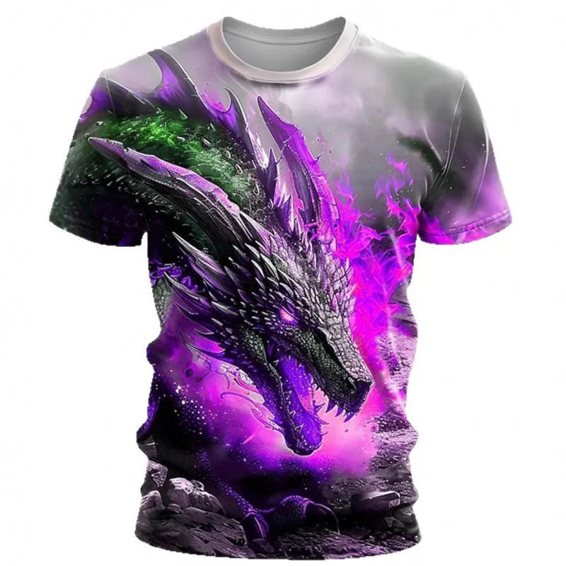 Man wearing a casual short-sleeved T-shirt with a large, detailed 3D wind dragon graphic print on the front.